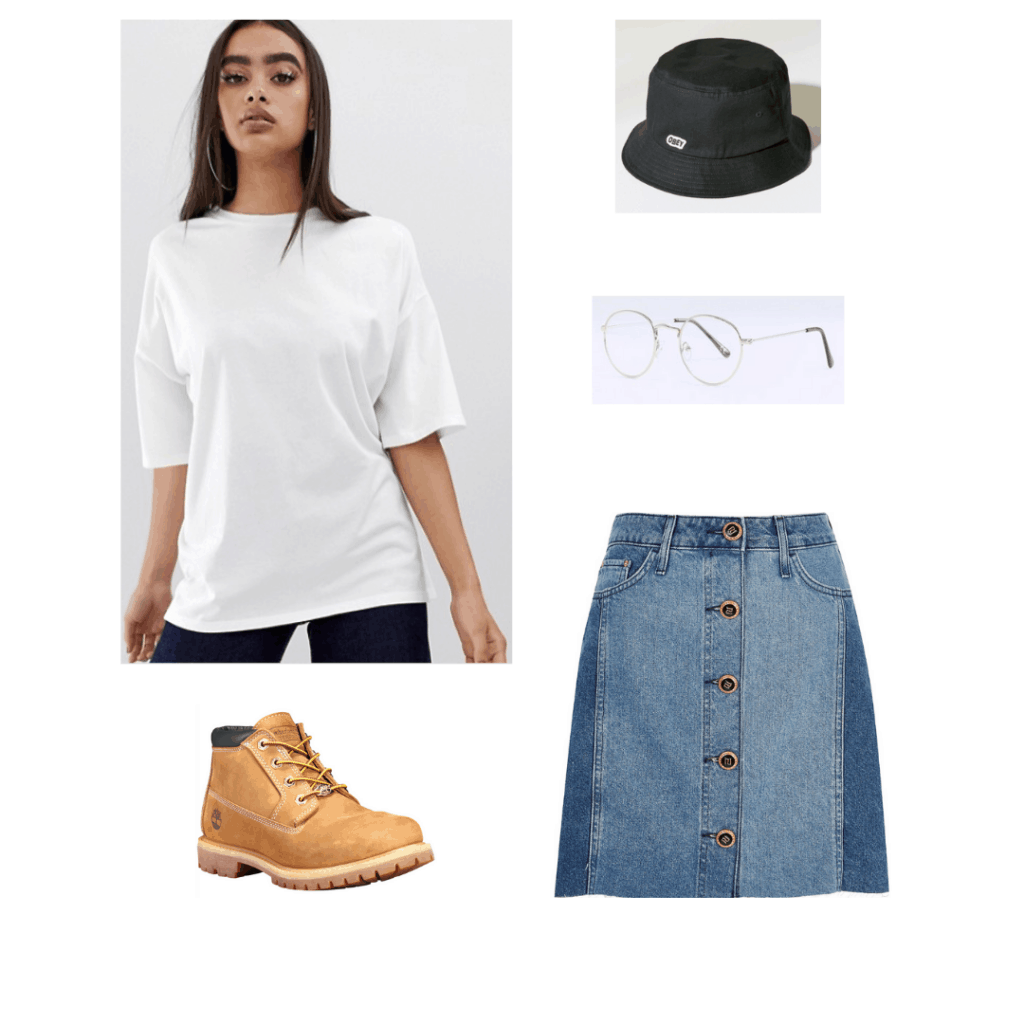 Outfit inspired by Jungkook from BTS: White oversized tee, Timberland boots, bucket hat, glasses, denim skirt