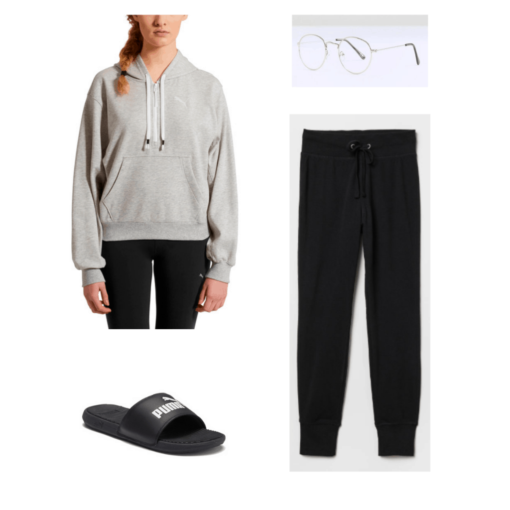 Jungkook BTS fashion: Outfit with puma sweatshirt, black sweats, puma slides, and clear glasses