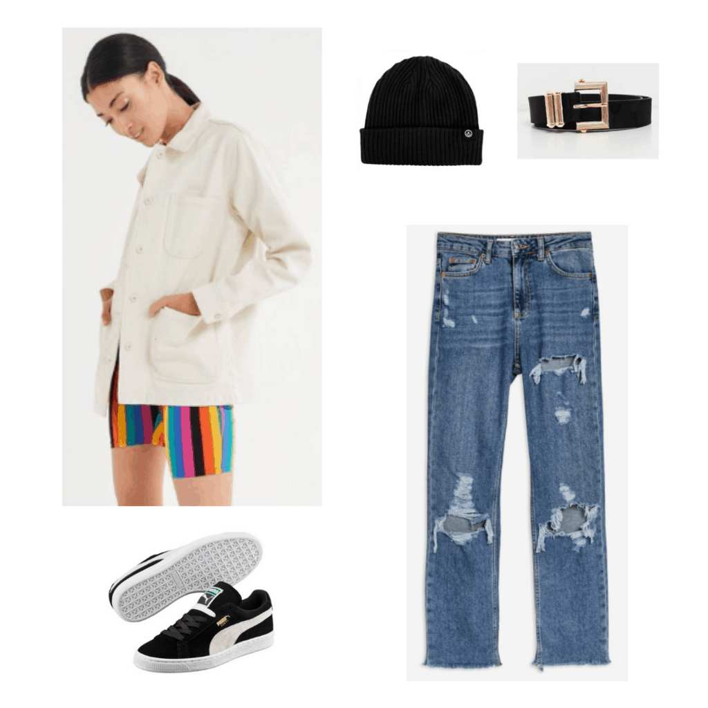 Jungkook BTS fashion: Outfit inspired by Jungkook with ripped jeans, oversized white jacket, puma sneakers, black belt, beanie hat