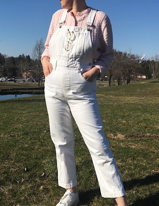 These thrifted white denim cropped overalls are from Madewell.