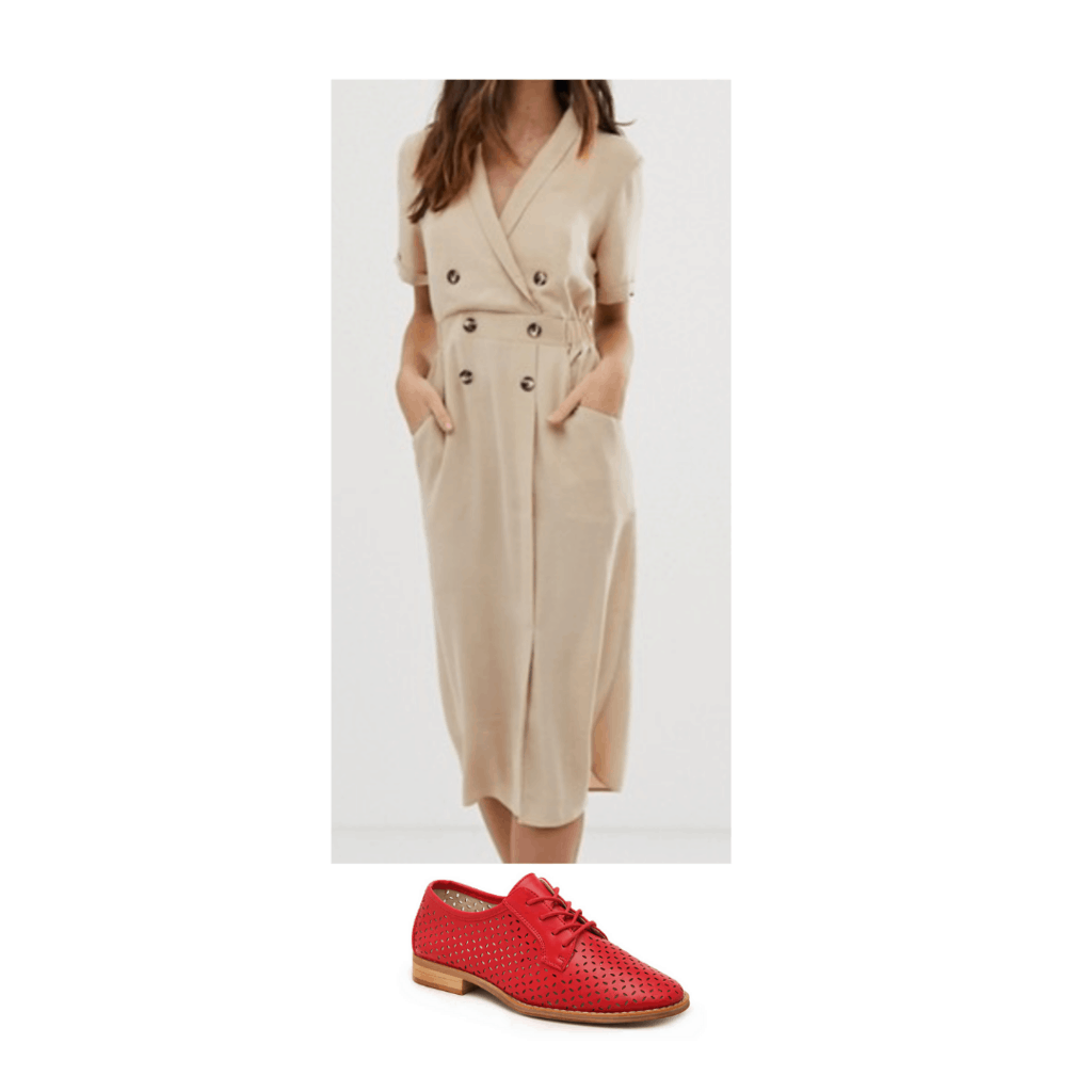 Outfit inspired by Amal Clooney with button down dress and red oxfords