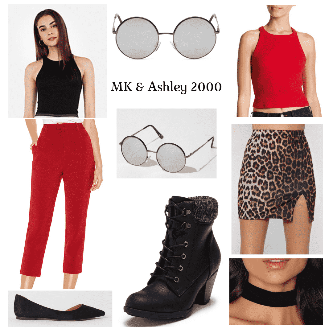 outfit panel with circle sunglasses, a black tank, red tank, red cropped pants, leopard mini skirt, black flats, black boots, and a black choker.