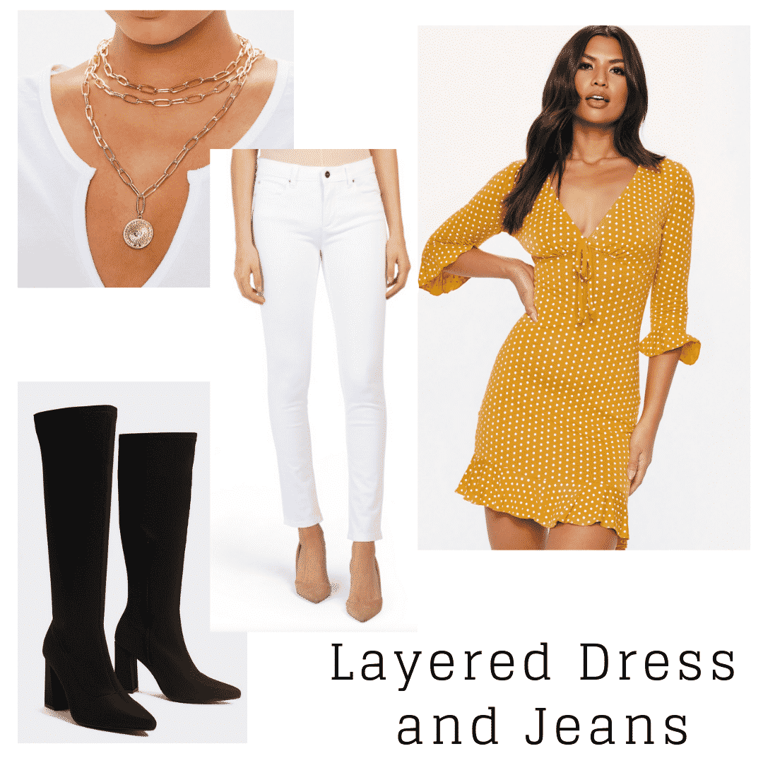 outfit panel with yellow and white polka dot dress, white skinny jeans, black boots, and a gold necklace