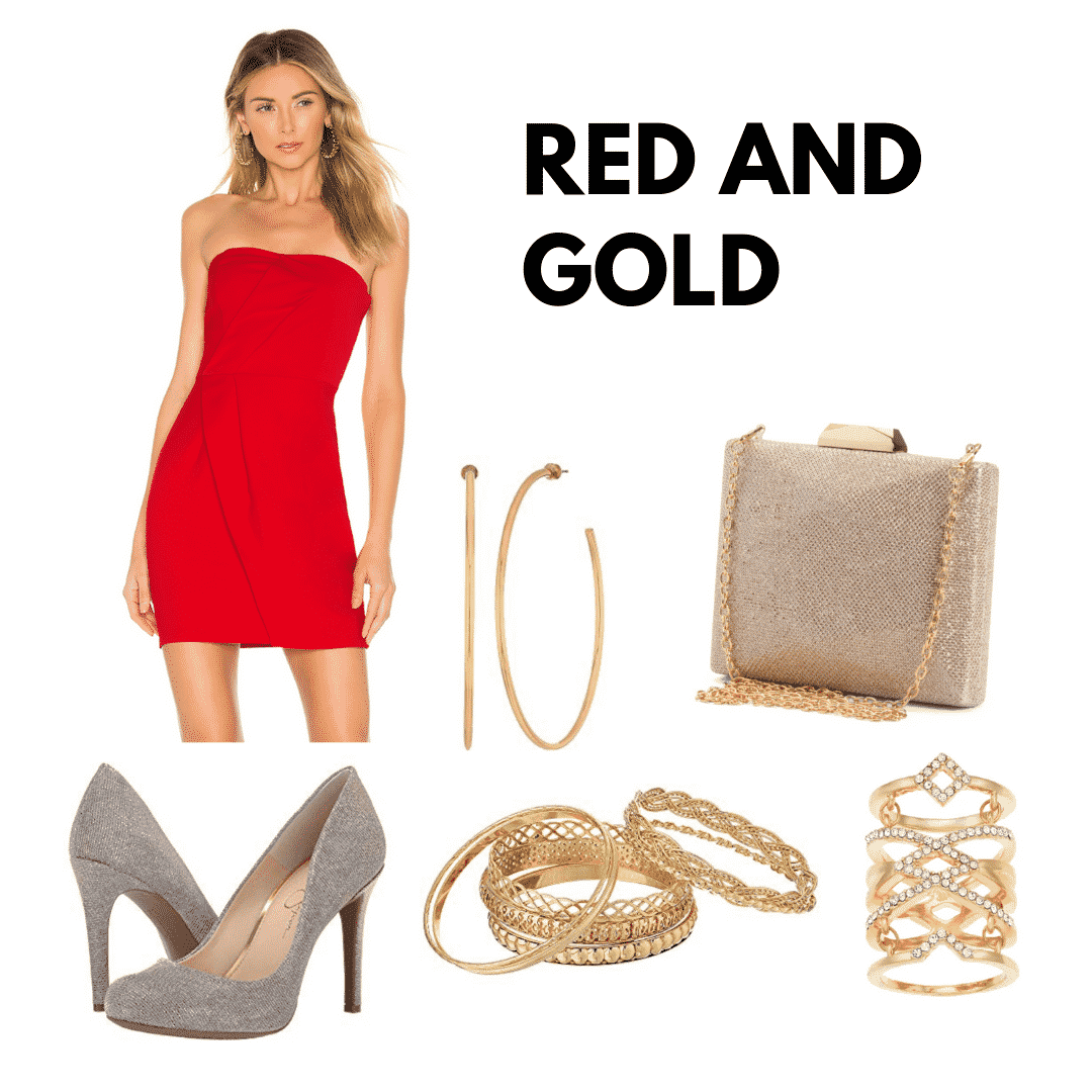 outfit panel with a red mini dress, gold glitter heels, gold hoop earrings, gold bangles, a gold ring, and gold clutch