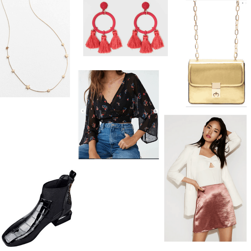 Night Out outfit with floral top, satin mini skirt, black Chelsea boots, metallic gold crossbody bag, star necklace, and bright red hoop tassel earrings.