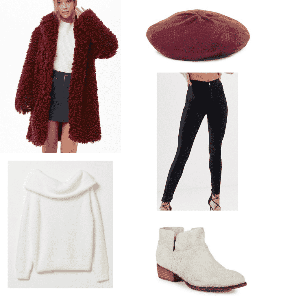 red shaggy coat, black skinny jeans, off the shoulder white sweater, white ankle boots, red beret