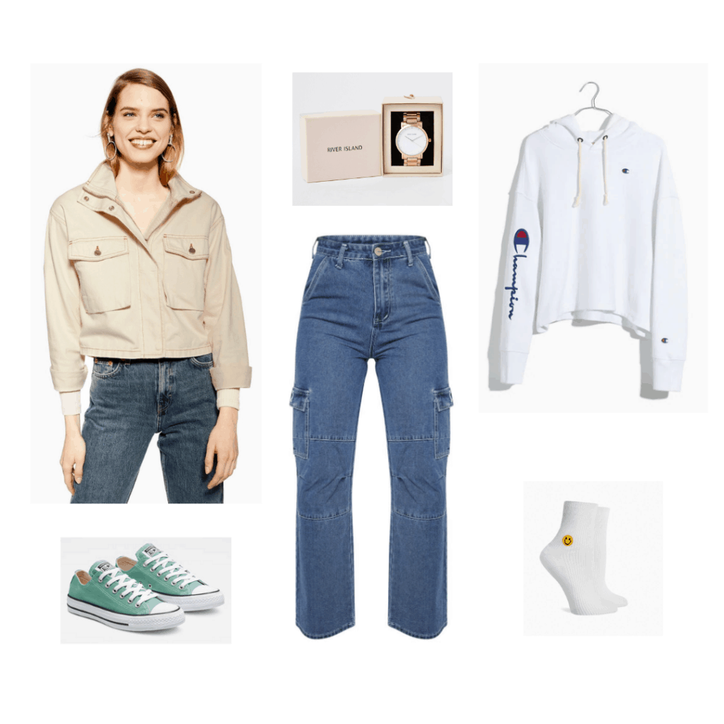 BTS Persona fashion: Outfit inspired by the Persona trailer with cream jacket, wide leg jeans, white hoodie, green sneakers