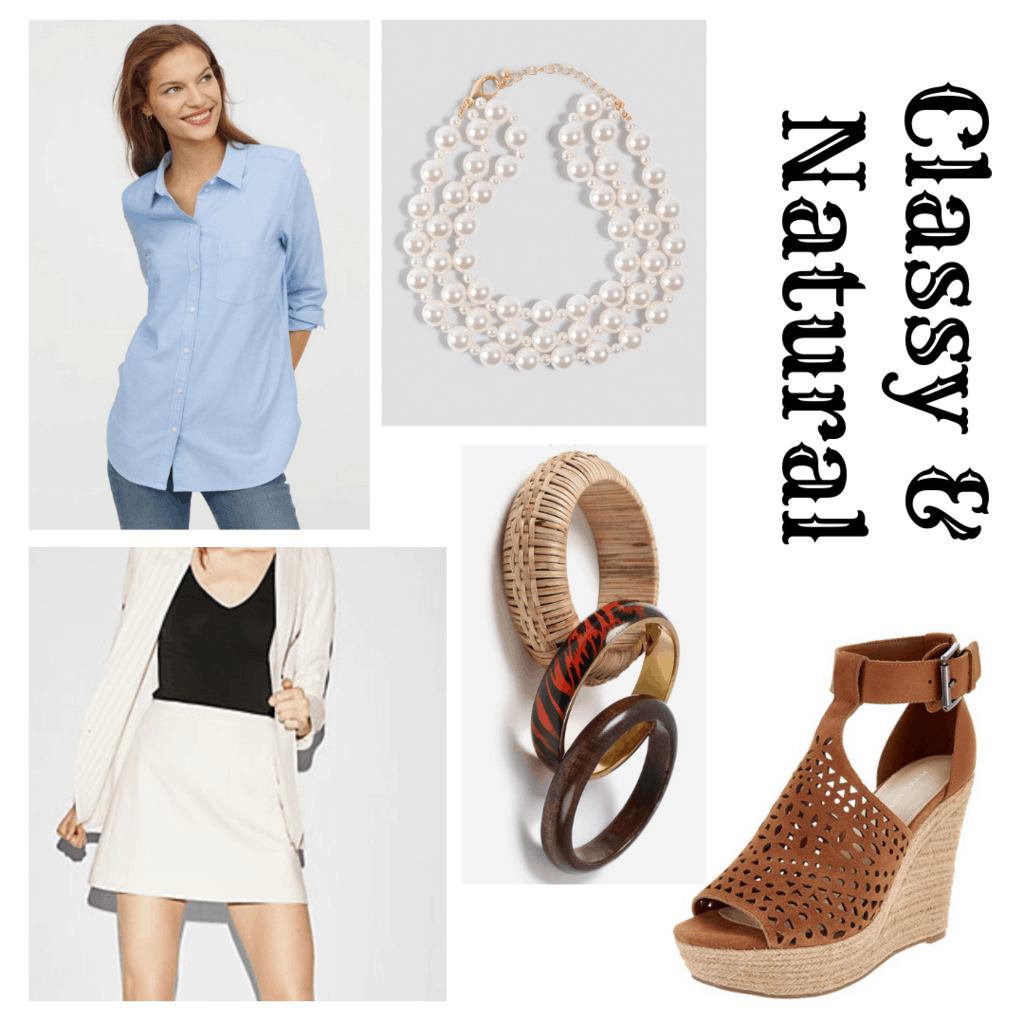 outfit panel with blue button up, white skirt, brown wedge heels, bangles, and pearl layered necklace