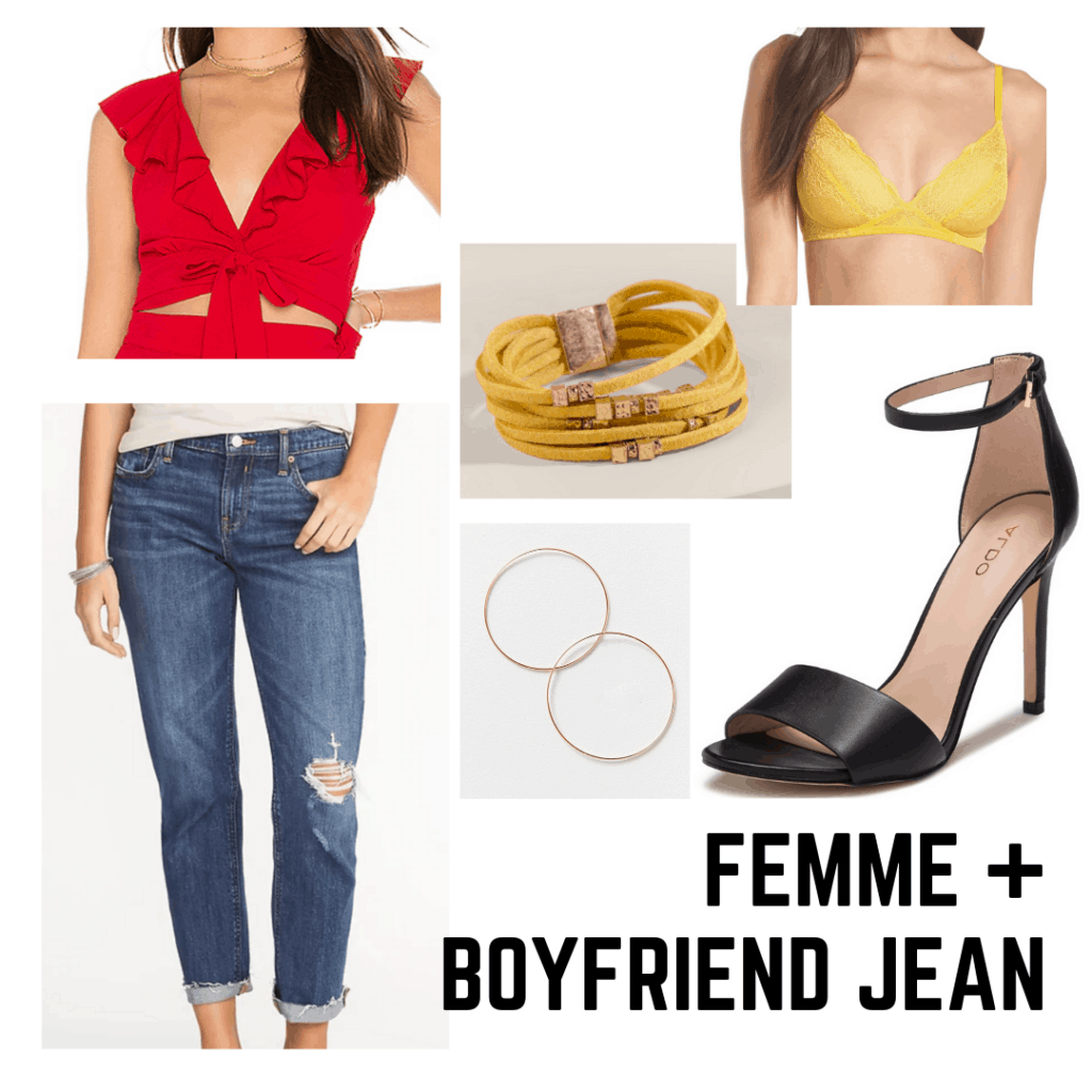 Rihanna 2000s style: outfit with crop top, bralette, boyfriend jeans, bracelet, hoop earrings, and strappy heels.