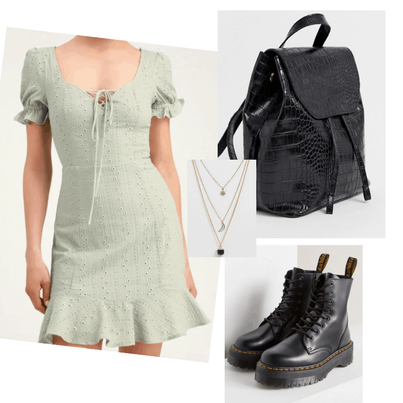 Sundresses and boots outfit with sage green sundress, doc martens, layered necklaces, snakeskin backpack