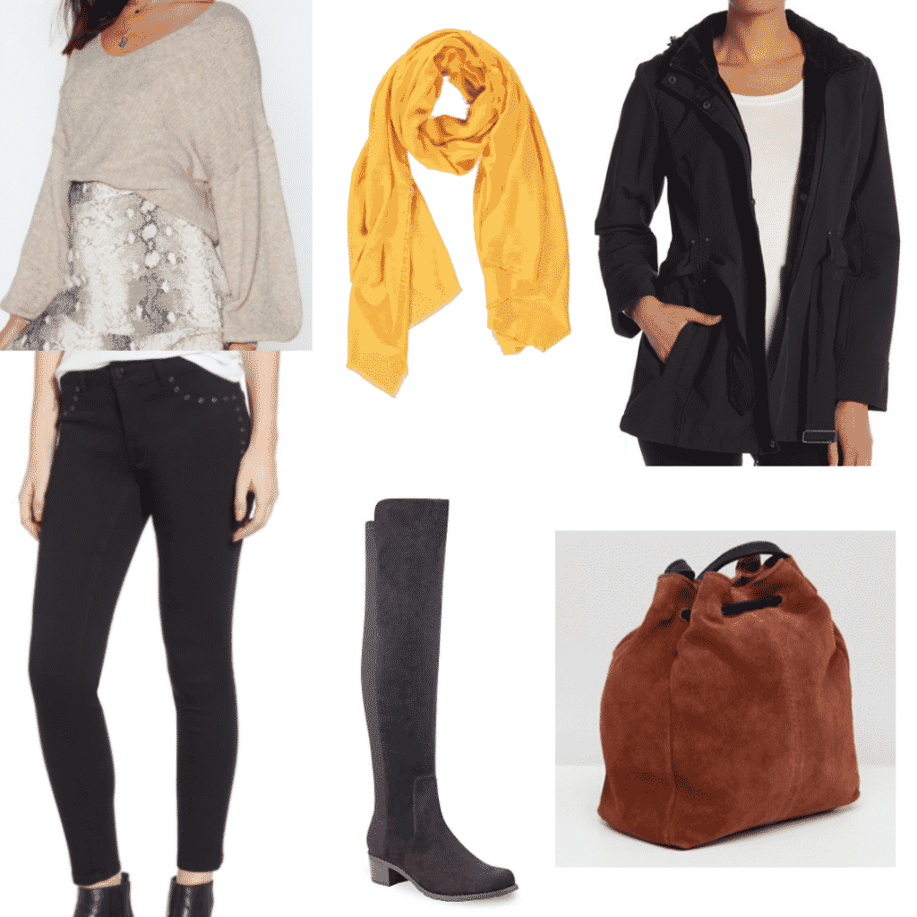 ballon sleeve sweater, mustard yellow scarf, winter softshell jacket, studded black skinny jeans, over the knee boots, suede brown bucket bag