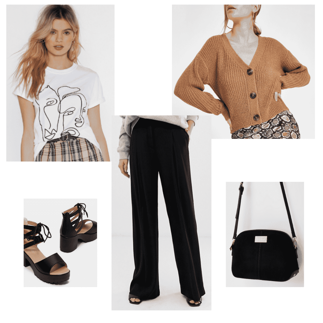 V BTS fashion: Outfit with graphic tee, wide leg pants, button front sweater, lace up platforms, black bag