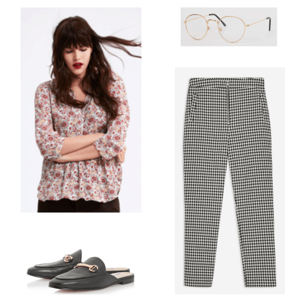 V bts fashion: Outfit with floral blouse, gold rimmed glasses, houndstooth pants, loafers