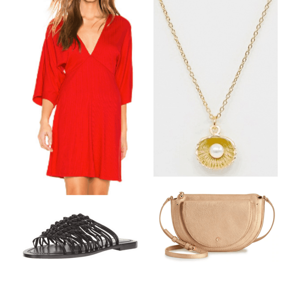 Outfit for Cuba: red dress, shell pearl necklace, black sandals, gold cross body bag