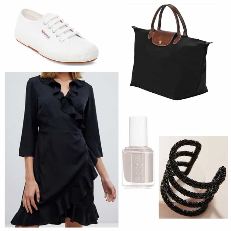 Black and White Ruffle dress outfit: Little black dress, black cuff, sneakers, Longchamp tote