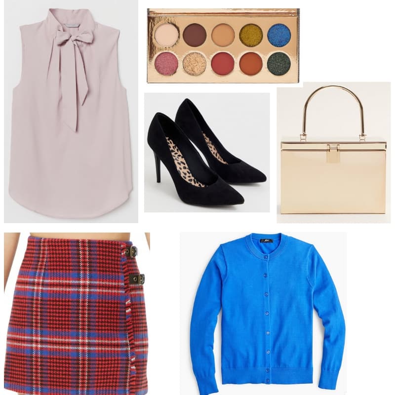 Fallon Carrington Outfit - Dynasty fashion with plaid skirt, blue top, pointed toe heels