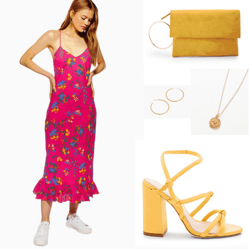 Carrie Bradshaw inspired outfit for spring with floral dress and yellow shoes, bag and accessories