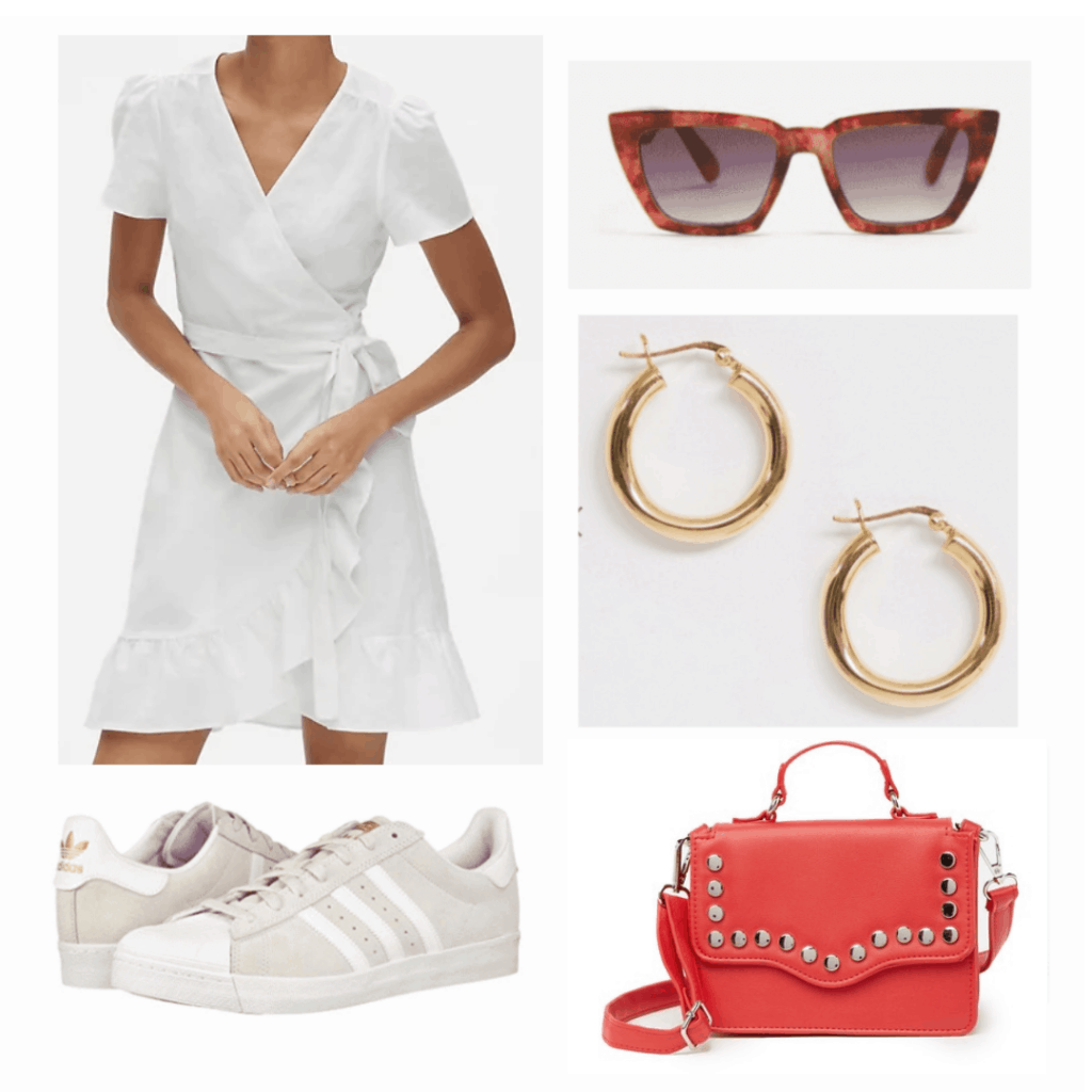 white flounce linen dress, square cat eye sunglasses, gold earring hoops, white adidas sneakers, red top handle cross body bag