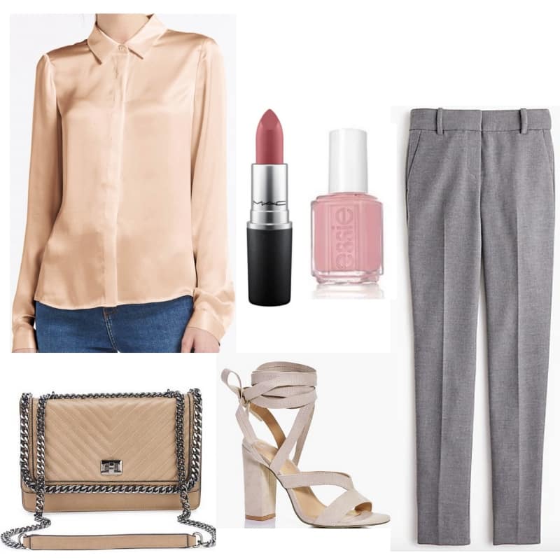 Cristal Carrington Outfit from Dynasty - satin top, gray pants, chain bag