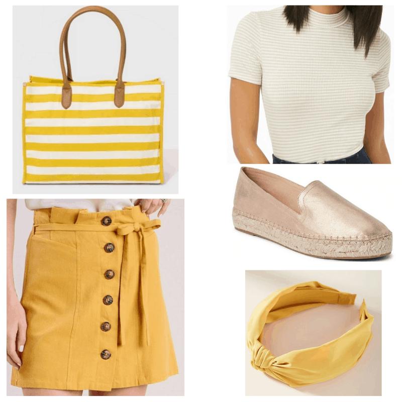 Yellow sunshine outfit: Mock neck top, yellow skirt, rose gold espadrilles, yellow headband, striped bag