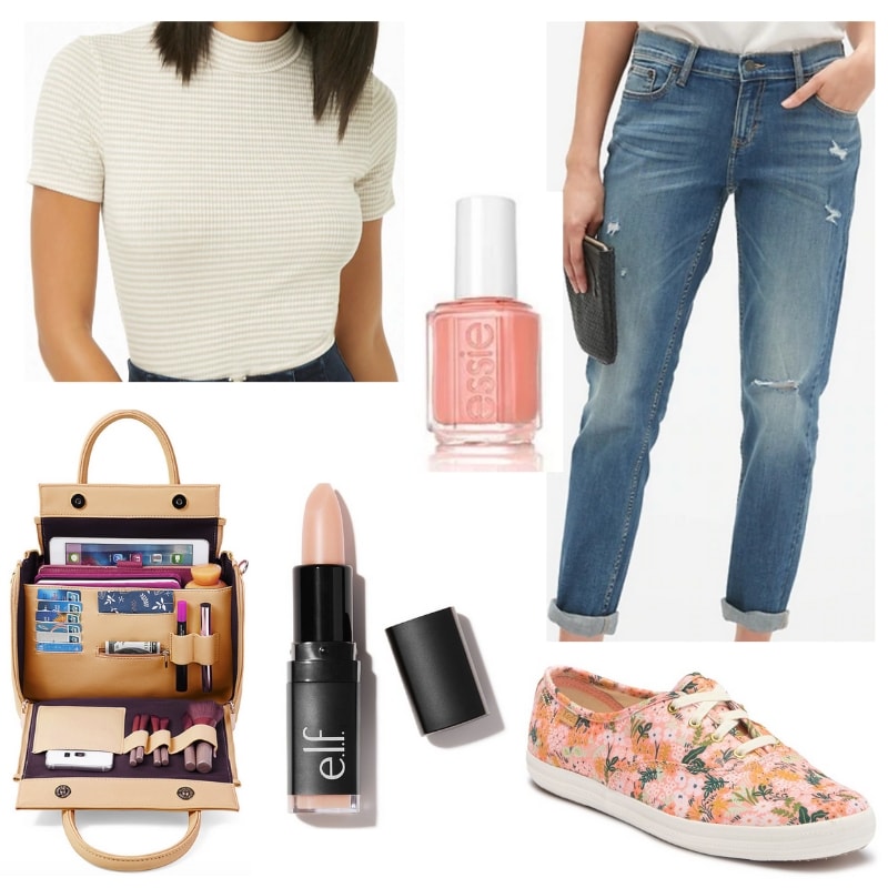 Stones N Roses Outfit: Mock neck top, boyfriend jeans, pink nail polish, floral Keds