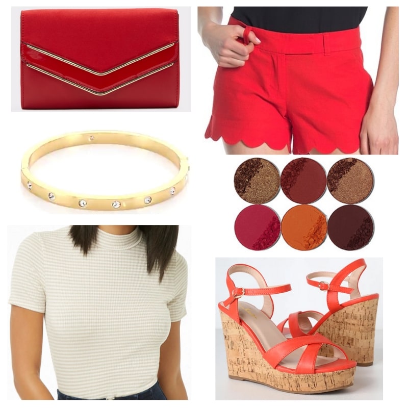 Scalloped Red outfit: Scalloped red shorts, striped mock neck top, cork wedges, gold bracelet