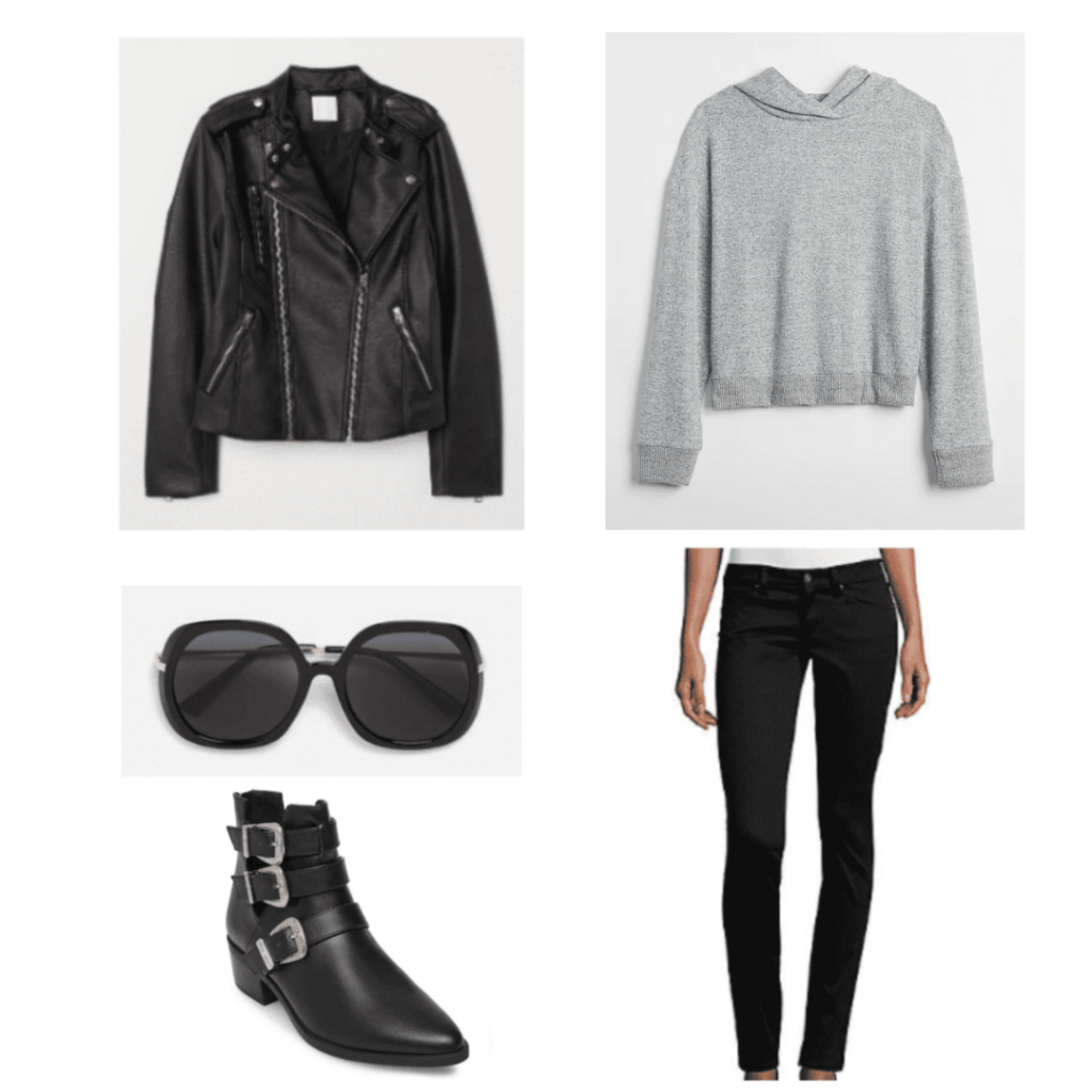 black leather jacket, gray hoodie, black round sunglasses, black buckle bootie ankles, black jeans