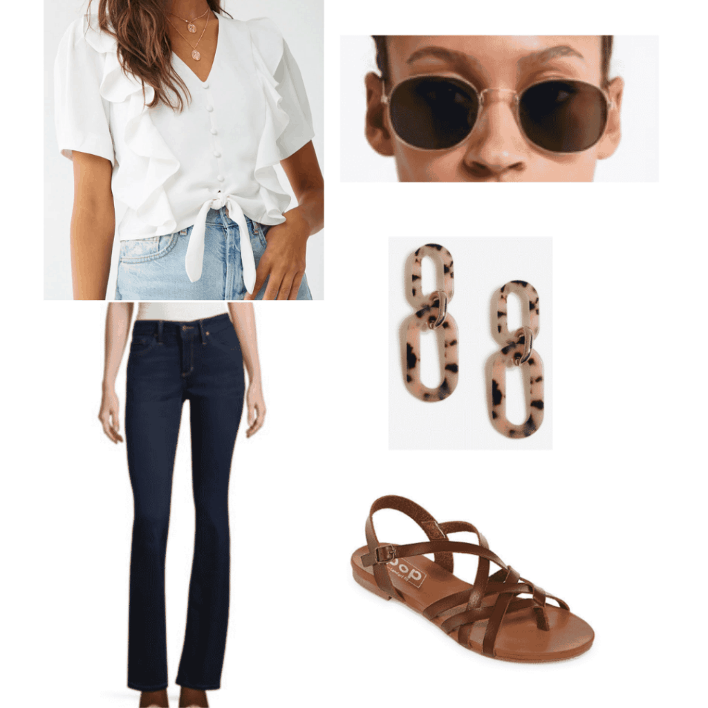 white flounce top, metal sunglasses, tortoiseshell chain link earrings, brown sandals, dark blue jeans