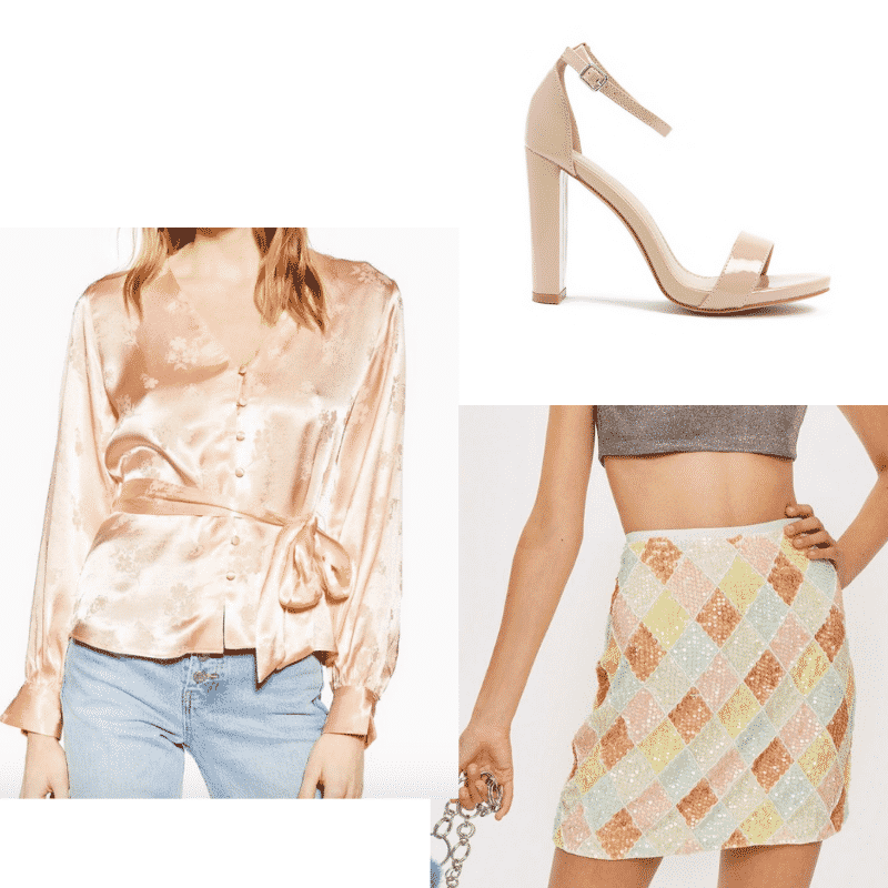 Carrie Bradshaw inspired outfit for spring with satin top, patterned mini skirt, and nude heels