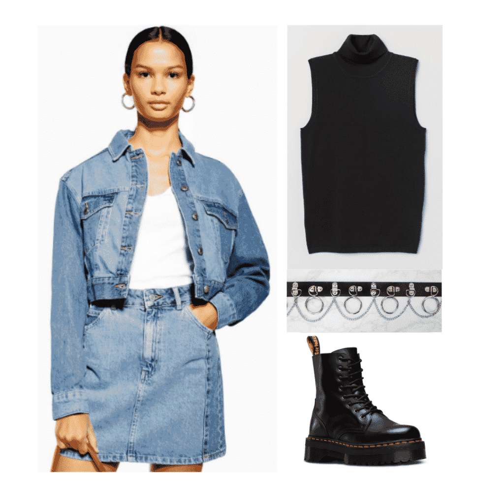 Jimin BTS fashion: Outfit inspired by Jimin's style with denim jacket, denim skirt, black tank, doc martens