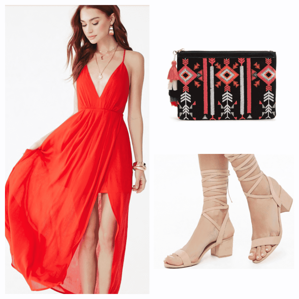 Outfit inspired by DVSN's album: Red dress, nude lace up heels, and patterned clutch