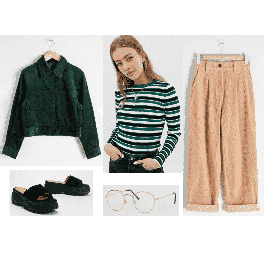 V bts fashion: Outfit inspired by V with green jacket, striped top, platform slides, glasses, beige pants