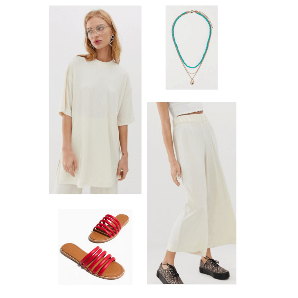 Outfit inspired by BTS RM in the Persona video trailer - all white outfit with red shoes and green necklace