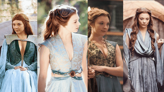 Margaery Tyrell style seasons 2-3: Blue dresses with low v necks