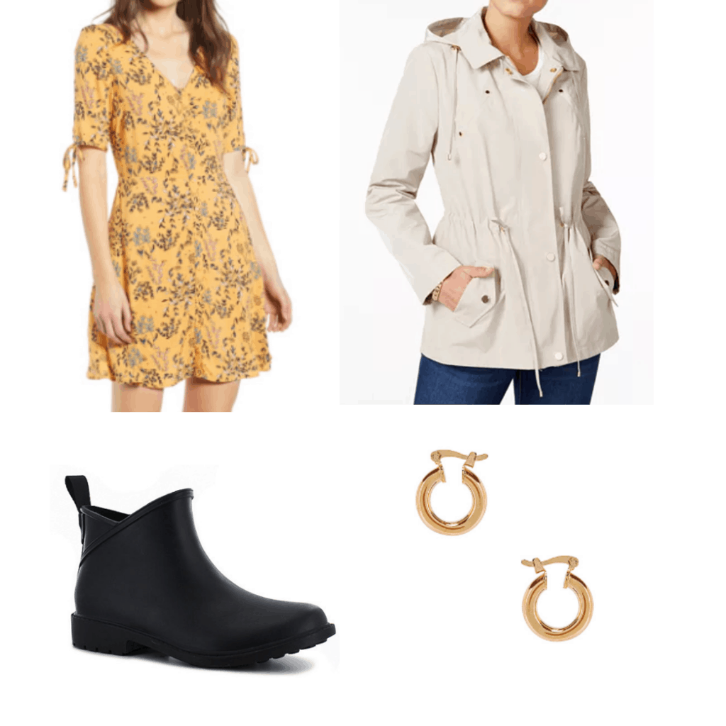 What to wear in cuba: Outfit with yellow sundress, beige rain coat, waterproof bootie shoes, gold earrings