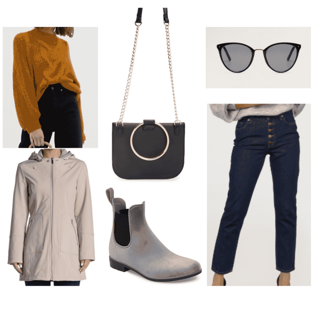 cable knit sweater, waterproof jacket, black cat eye sunglasses, metal cross body bag, waterproof boots, straight leg jeans