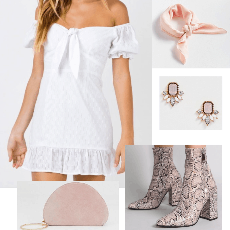 Sundress and boots outfit with white sundress, snakeskin boots, pink purse, head wrap