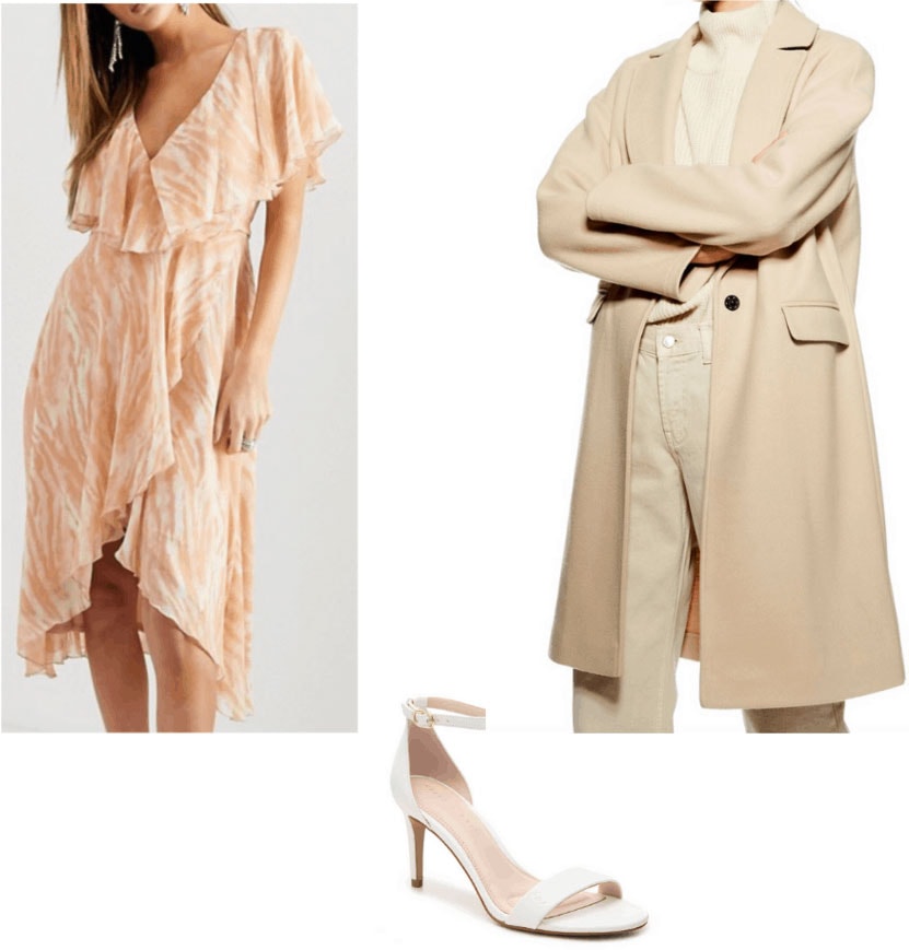 Amal Clooney style wardrobe - outfit inspired by Amal with peach dress, strappy heels, coat