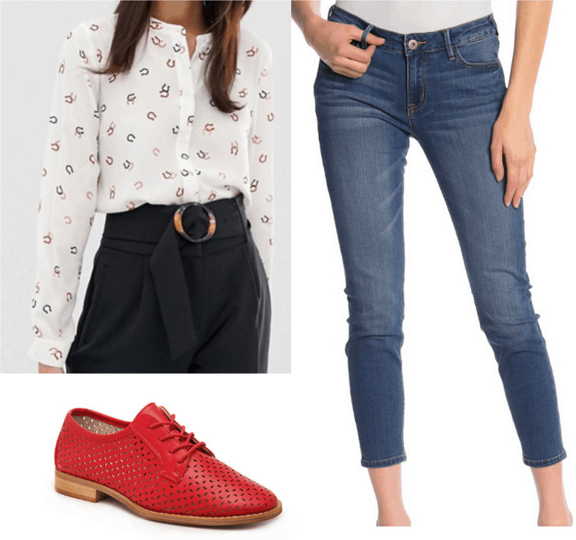 Amal Clooney inspired outfit with patterned button down shirt, skinny jeans, oxfords