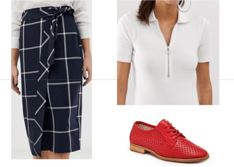 Amal Clooney inspired outfit with plaid pencil skirt, oxfords, white zip up top