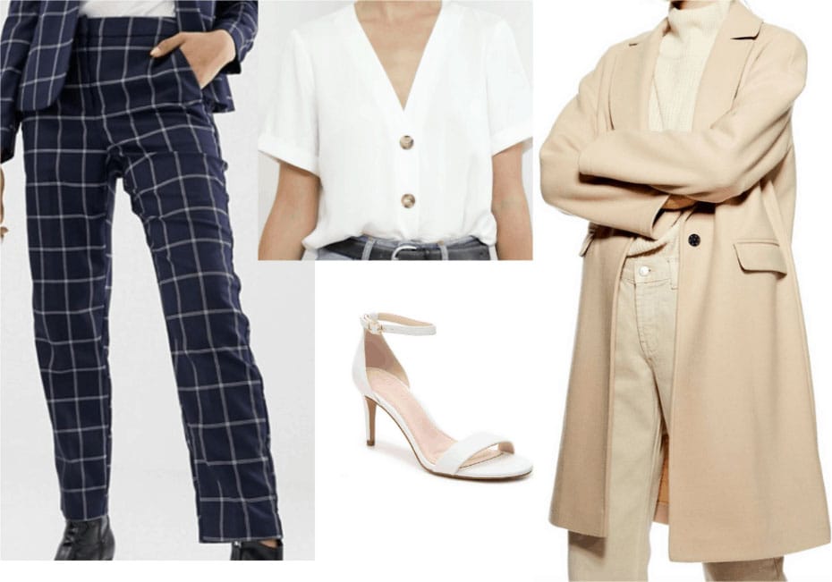 Outfit inspired by Amal Clooney with trench coat, strappy heels, plaid pants, white button-front top