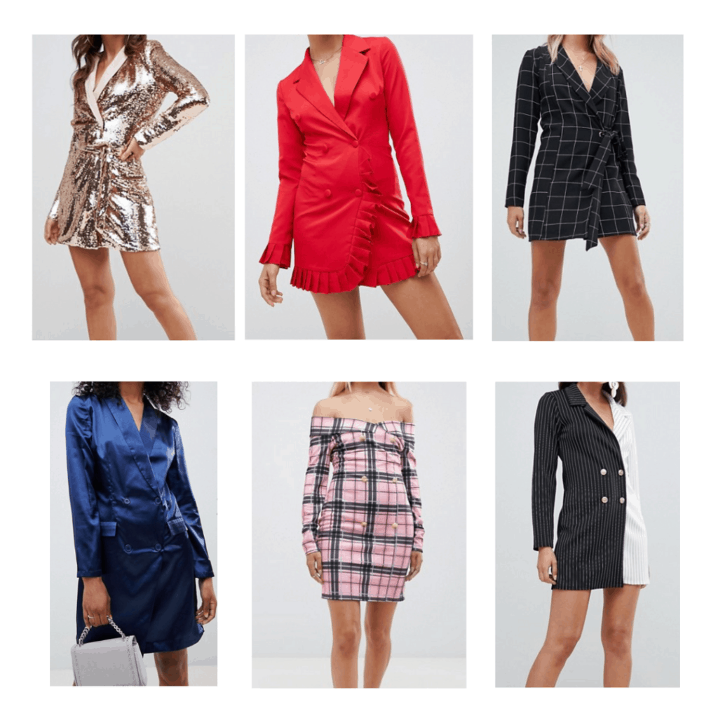 Blazer Dresses: Sequin Blazer Dress, Silk Blazer dress, Ruffle Blazer Dress, Off the Shoulder Blazer Dress, Belted Blazer dress, Two Toned Blazer Dress