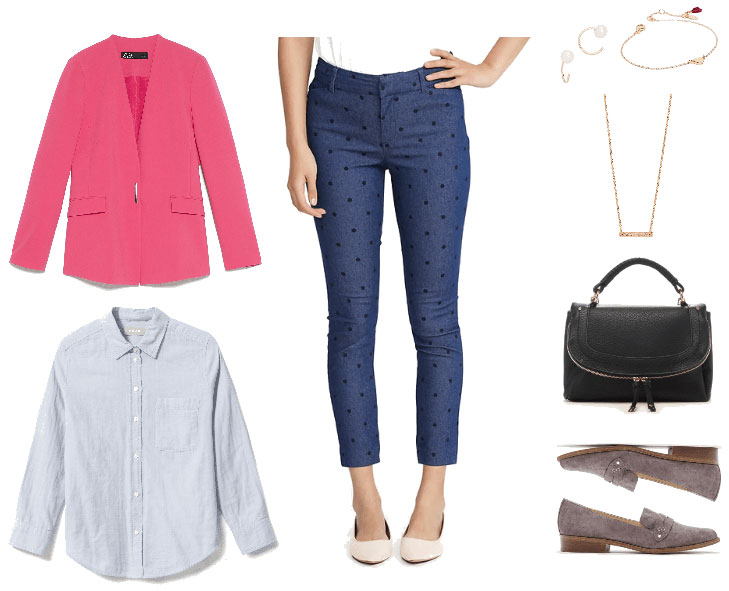 Casual Friday outfit for a formal work environment with polka dot jeans, pink blazer, chambray shirt, simple jewelry, black bag, loafers