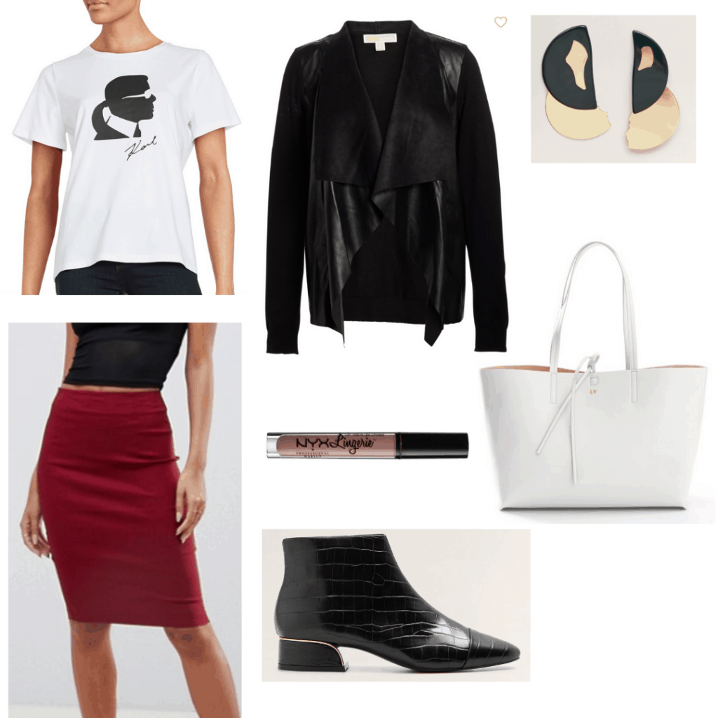 Casual friday outfit for creative work environment with black leather cardigan, burgundy pencil skirt, Karl graphic tee, funky earrings, black ankle boots