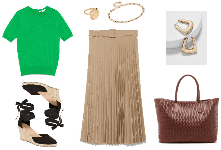 Casual Friday outfit for a formal work environment with pleated skirt, espadrilles, woven tote bag, green 3/4 sleeve sweater, gold jewelry