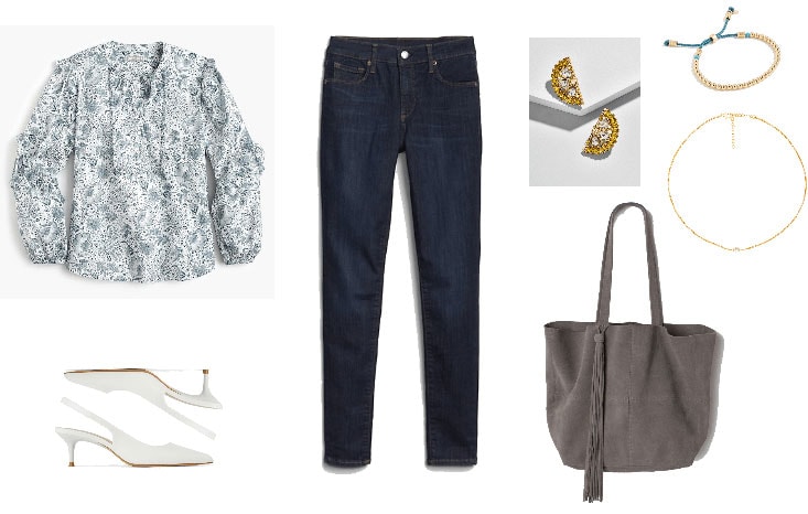 Casual friday outfit for casual work environment: Dark wash jeans, printed top, white slingbacks, dainty jewelry, fringe tote