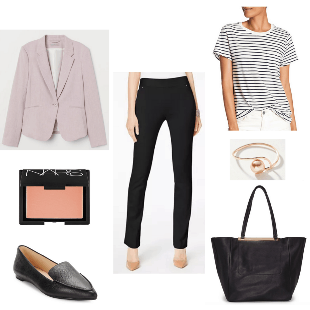 Casual Friday outfit idea for conservative office with black loafers, black pants, striped shirt, pink blazer, pink ring and blush, black tote bag