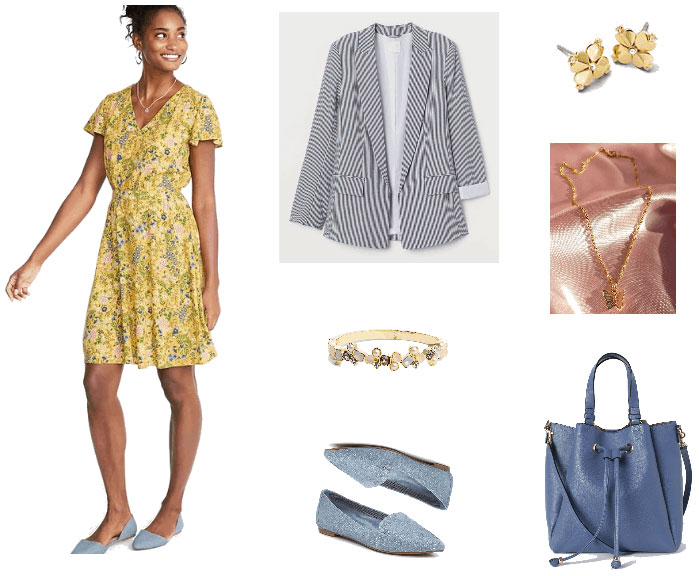 Casual Friday outfit for a laid back workplace with floral dress, striped blazer, chambray loafers, blue tote bag, jewelry