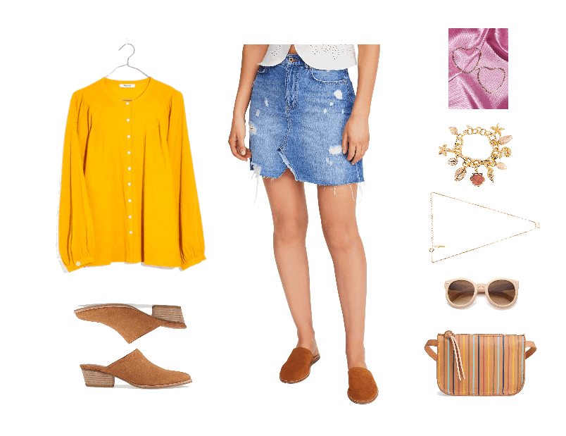 Bright yellow long-sleeved blouse, chestnut suede pointed-toe mules with low heel, destroyed denim mini skirt, large gold heart-shaped hoop earrings, shell charm bracelet, opal necklace, pale pink oversized round sunglasses, camel brown leather fanny pack with thin, multi-colored vertical stripes