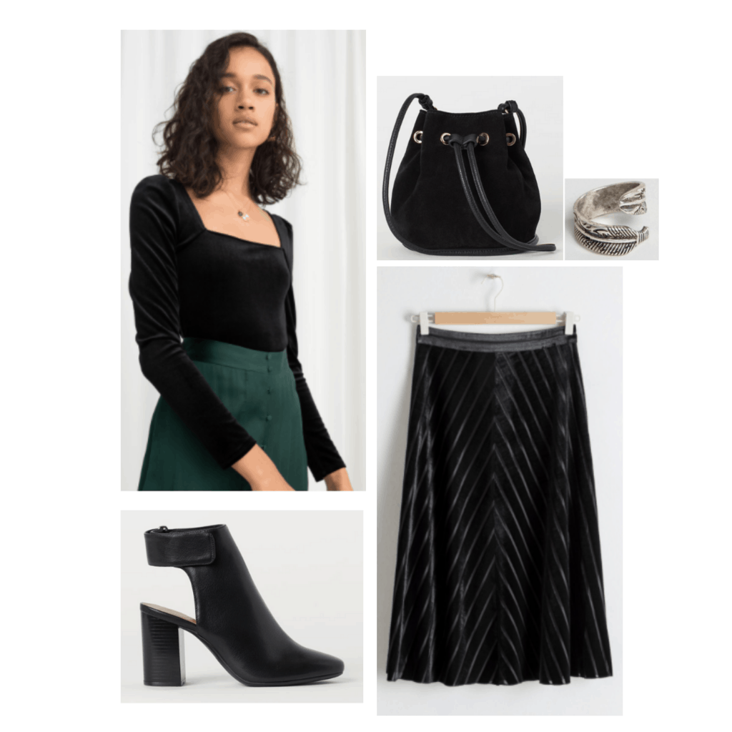 Sansa Stark inspired outfit with dark velvet midi skirt, square neck top, cutout booties, bucket bag, silver feather ring